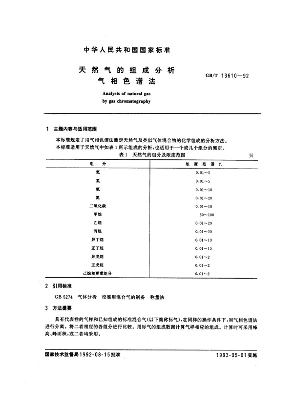 GB/T 13610-1992 天然气的组成分析 气相色谱法