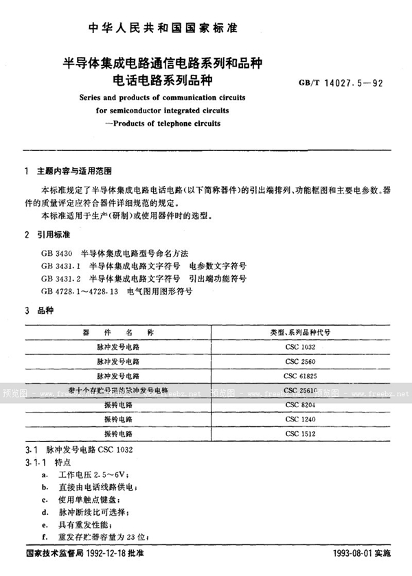 GB/T 14027.5-1992 半导体集成电路通信电路系列和品种  电话电路系列品种