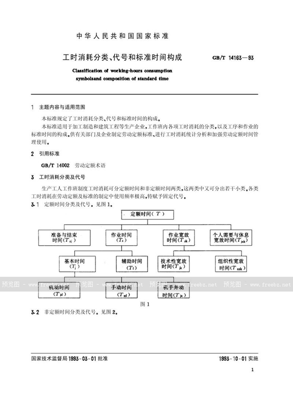 GB/T 14163-1993 工时消耗分类、代号和标准时间构成