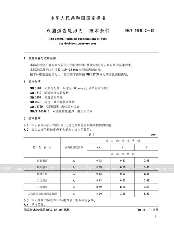 GB/T 14348.2-1993 双圆弧齿轮滚刀  技术条件