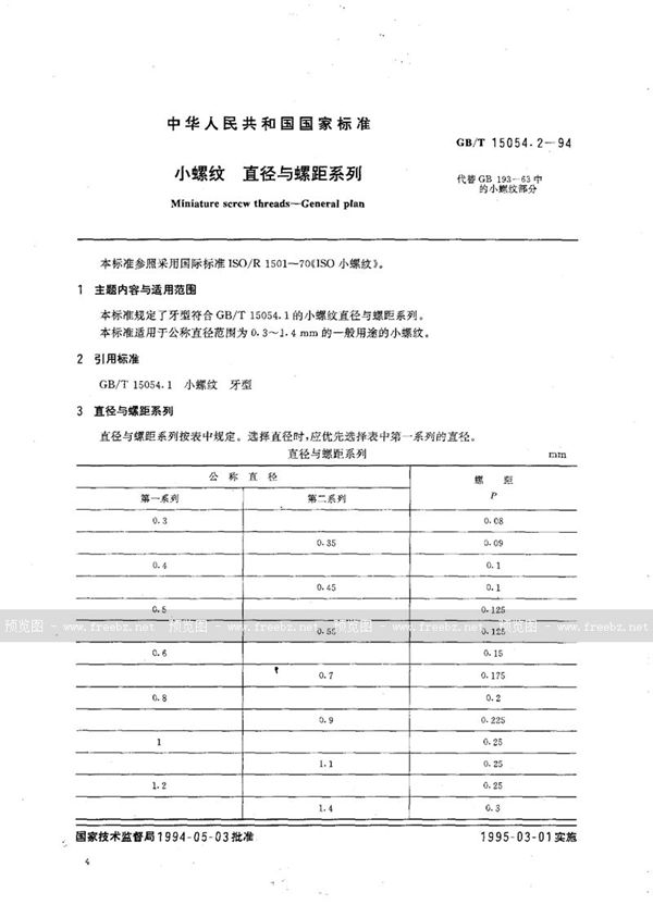 GB/T 15054.2-1994 小螺纹  直径与螺距系列