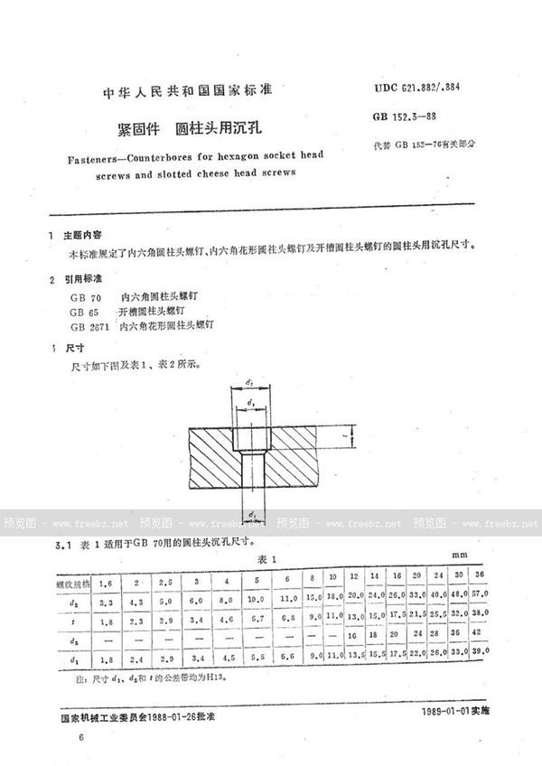 GB/T 152.3-1988 紧固件  圆柱头用沉孔