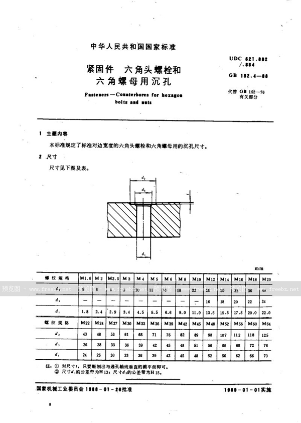 GB/T 152.4-1988 紧固件  六角头螺栓和六角螺母用沉孔