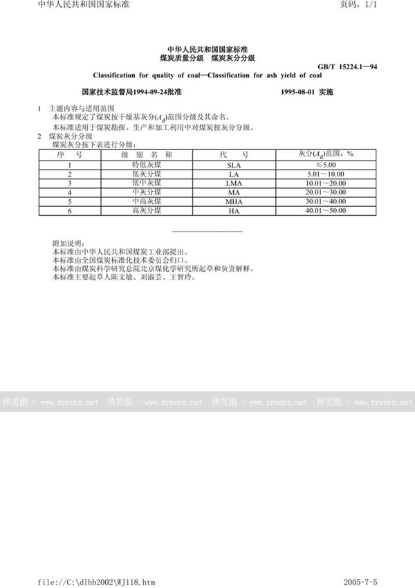 GB/T 15224.1-1994 煤炭质量分级  煤炭灰分分级