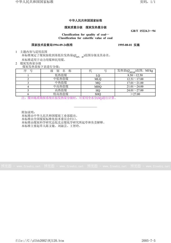 GB/T 15224.3-1994 煤炭质量分级  煤炭发热量分级