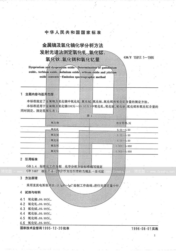 GB/T 15917.1-1995 金属镝及氧化镝化学分析方法  发射光谱法测定氧化钆、氧化铖、氧化钬、氧化铒和氧化钇量