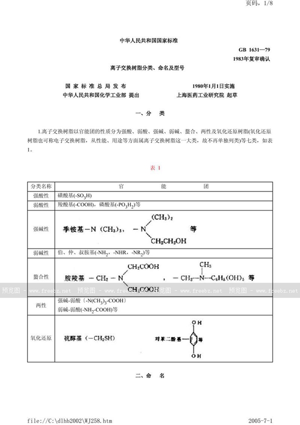 GB/T 1631-1979 离子交换树脂分类、命名及型号