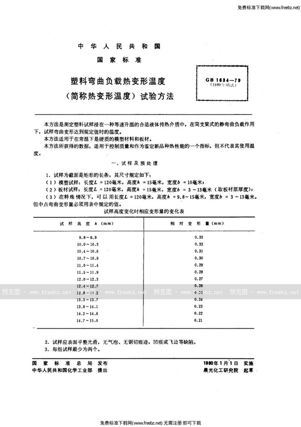 GB/T 1634-1979 塑料弯曲负载热变形温度 (简称热变形温度) 试验方法