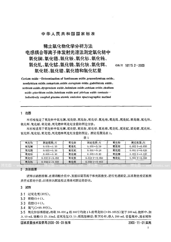 GB/T 18115.2-2000 稀土氧化物化学分析方法  电感耦合等离子体发射光谱法测定氧化铈中氧化镧、氧化镨、氧化钕、氧化钐、氧化铕、氧化钆、氧化铽、氧化镝、氧化钬、氧化铒、氧化铥、氧化镱、氧化