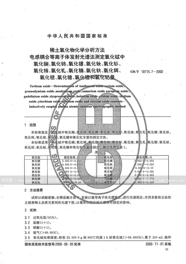 GB/T 18115.7-2000 稀土氧化物化学分析方法  电感耦合等离子体发射光谱法测定氧化铽中氧化镧、氧化铈、氧化镨、氧化钕、氧化钐、氧化铕、氧化钆、氧化镝、氧化钬、氧化铒、氧化铥、氧化镱、氧化