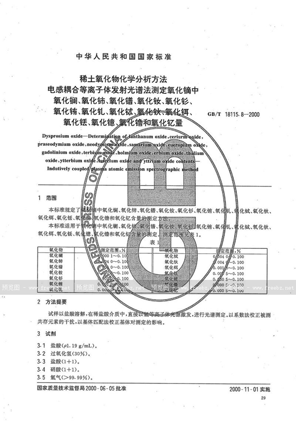 GB/T 18115.8-2000 稀土氧化物化学分析方法  电感耦合等离子体发射光谱法测定氧化镝中氧化镧、氧化铈、氧化镨、氧化钕、氧化钐、氧化铕、氧化钆、氧化铽、氧化钬、氧化铒、氧化铥、氧化镱、氧化