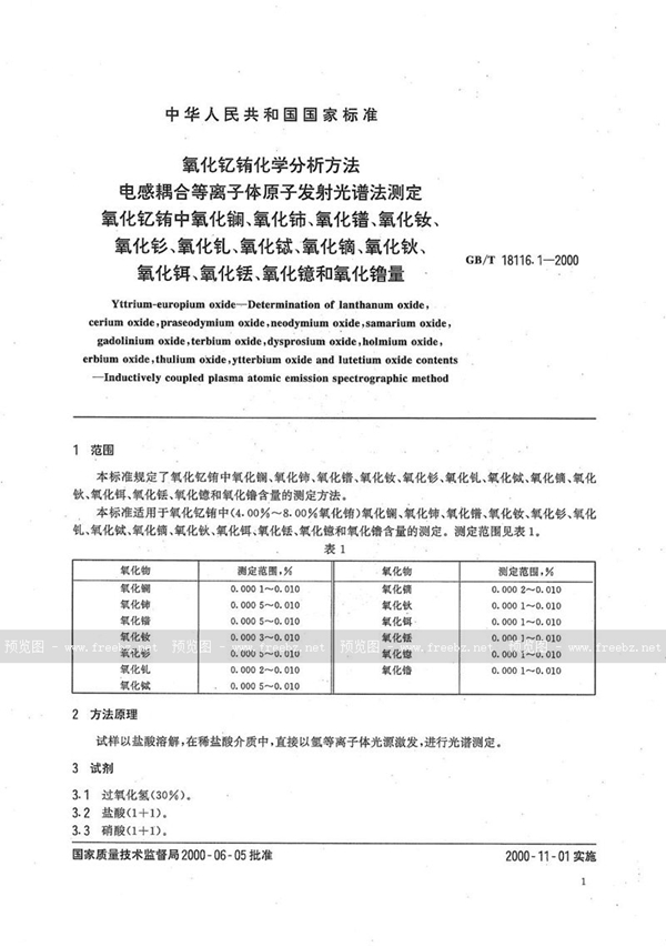 GB/T 18116.1-2000 氧化钇铕化学分析方法  电感耦合等离子体原子发射光谱法测定氧化钇铕中氧化镧、氧化铈、氧化镨、氧化钕、氧化钐、氧化钆、氧化铽、氧化镝、氧化钬、氧化铒、氧化铥、氧化镱和