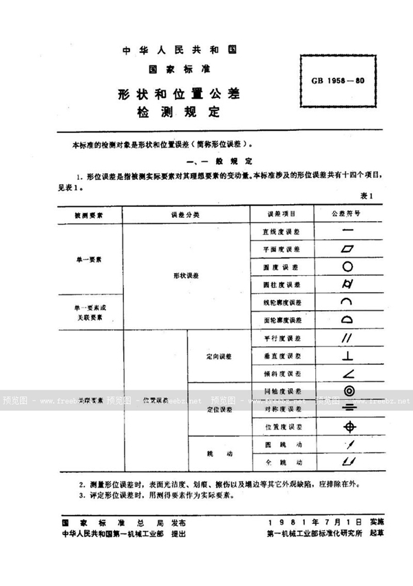 GB/T 1958-1980 形状和位置公差  检测规定