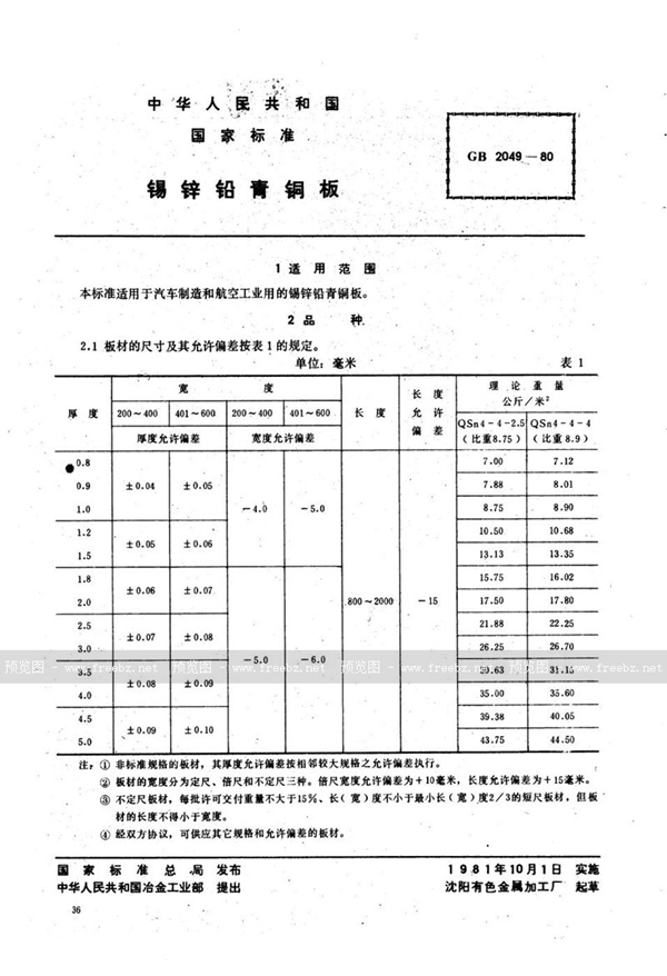 GB/T 2049-1980 锡锌铅青铜板