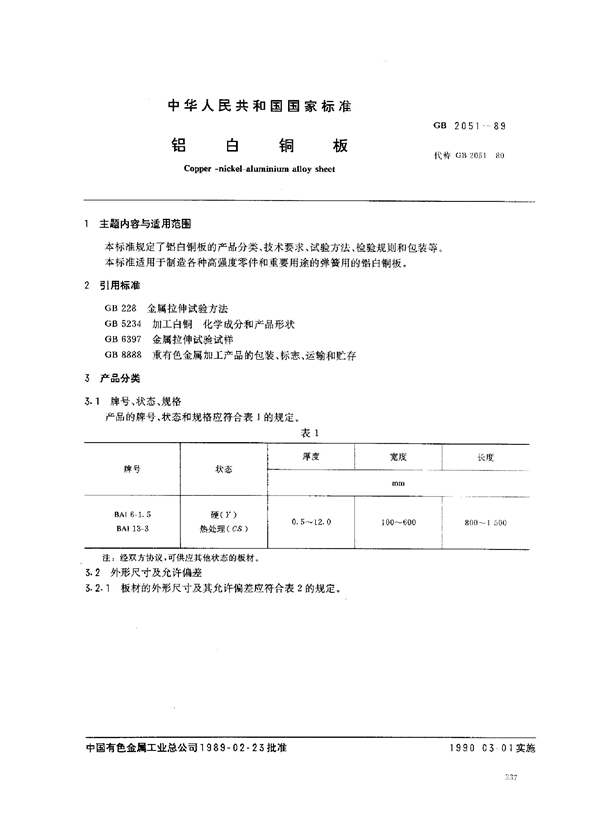 GB/T 2051-1989 铝白铜板