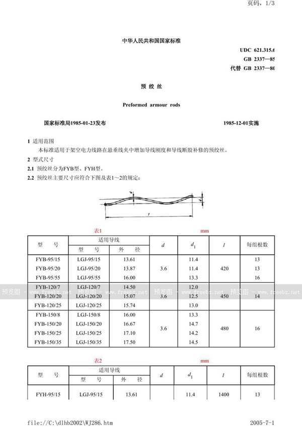 GB/T 2337-1985 预绞丝