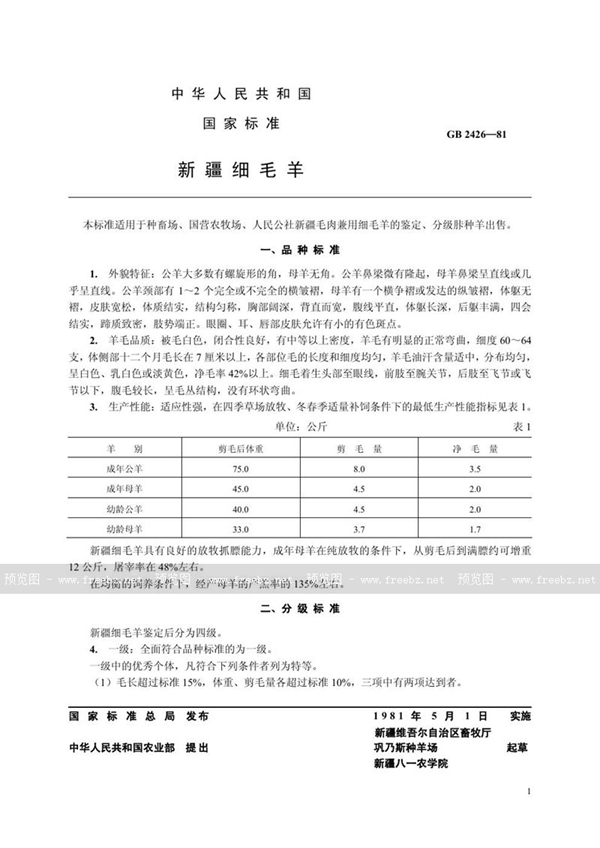 GB/T 2426-1981 新疆细毛羊