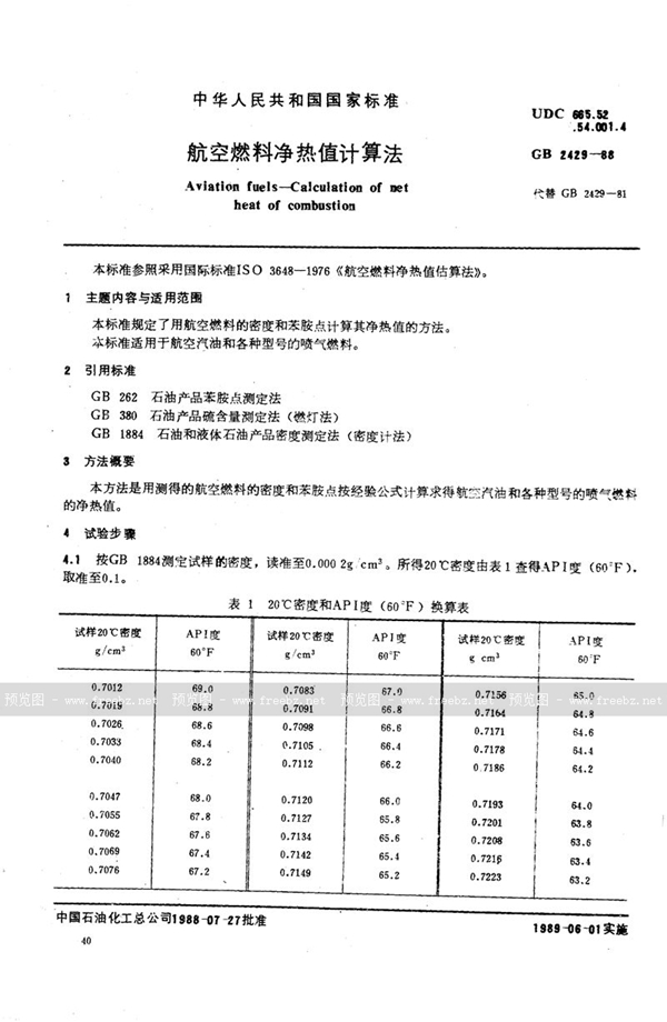 GB/T 2429-1988 航空燃料净热值计算法