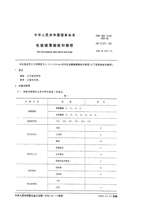 GB/T 2520-1988 电镀锡薄钢板和钢带