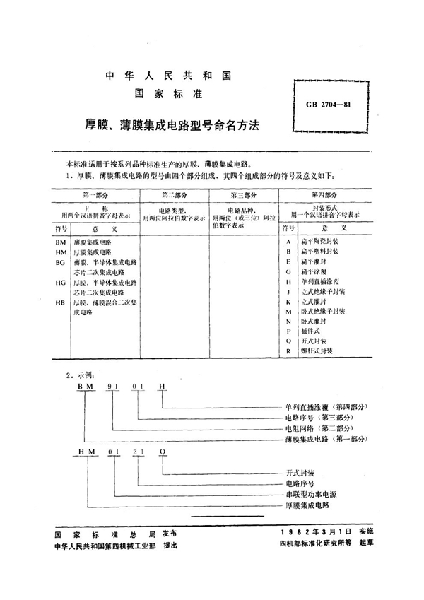 GB/T 2704-1981 厚膜、薄膜集成电路型号命名方法