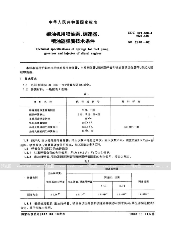 GB/T 2940-1982 柴油机用喷油泵、调速器、喷油器弹簧技术条件