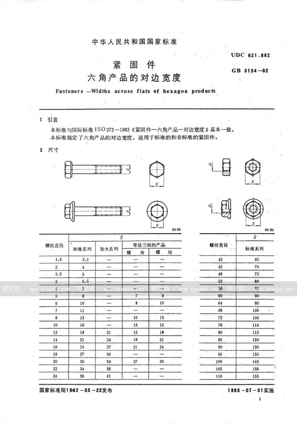 GB/T 3104-1982 紧固件  六角产品的对边宽度