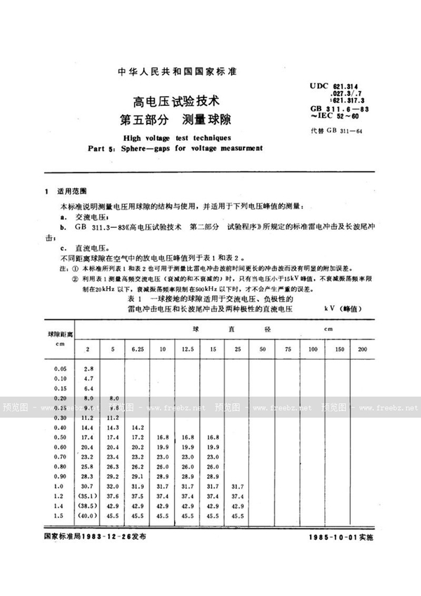 GB/T 311.6-1983 高电压试验技术  第五部分  测量球隙