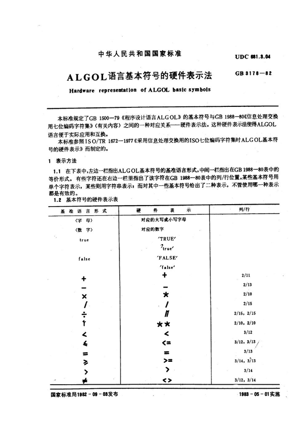 GB/T 3178-1982 ALGOL 语言基本符号的硬件表示法