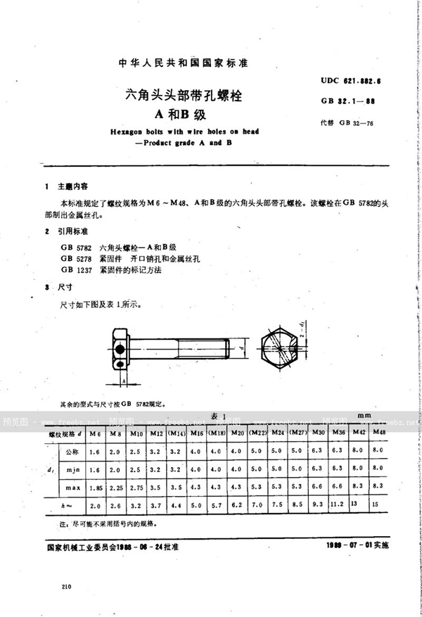 GB/T 32.1-1988 六角头头部带孔螺栓  A和B级