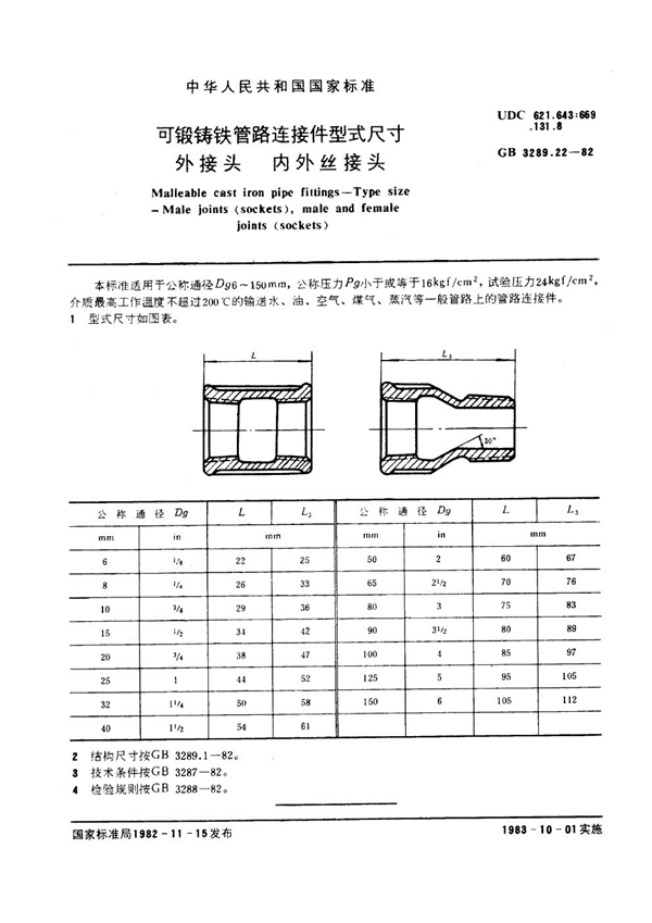 GB/T 3289.22-1982 可锻铸铁管路连接件型式尺寸 外接头 内外丝接头 Malleable cast iron pipe fittings--Type size--Male joints(