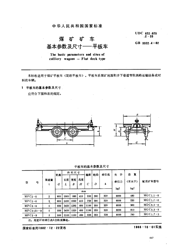 GB/T 3322.4-1982 煤矿矿车基本参数及尺寸 平板车