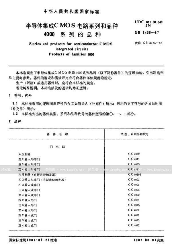 GB/T 3435-1987 半导体集成CMOS电路系列和品种  4000系列的品种