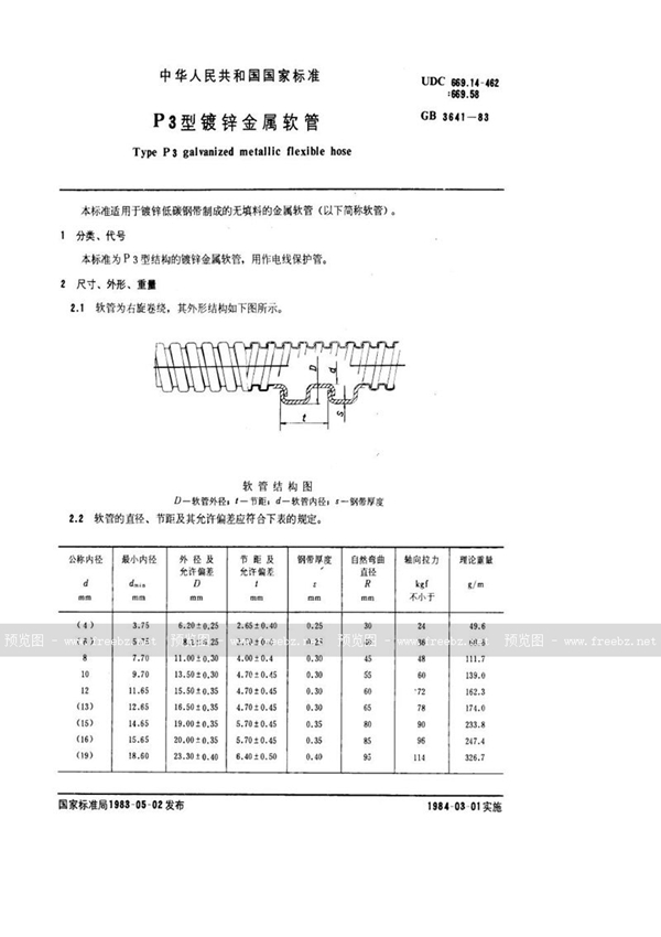 GB/T 3641-1983 P3 型镀锌金属软管