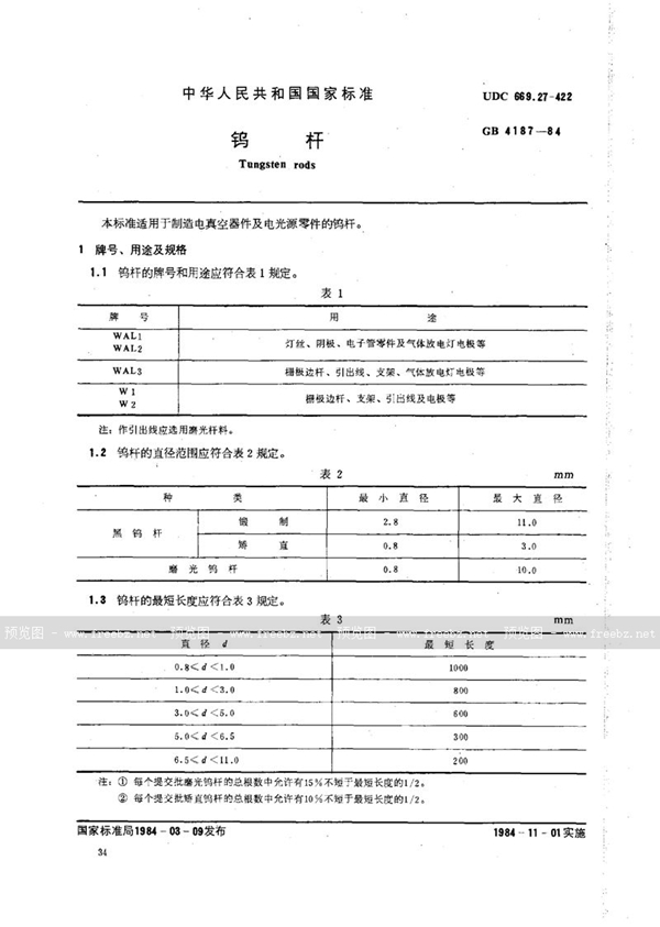 GB/T 4187-1984 钨杆