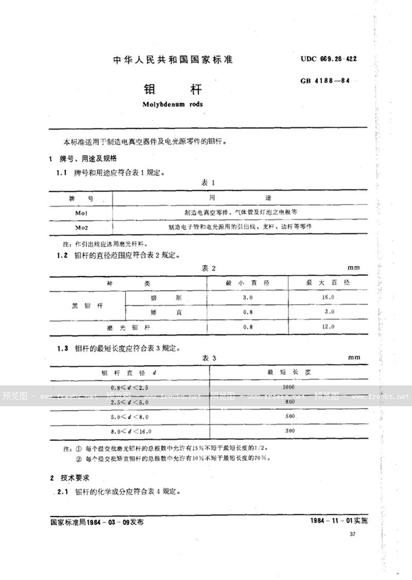 GB/T 4188-1984 钼杆