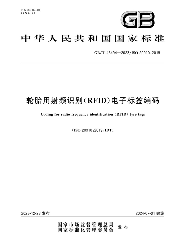 GB/T 43494-2023 轮胎用射频识别（RFID）电子标签编码