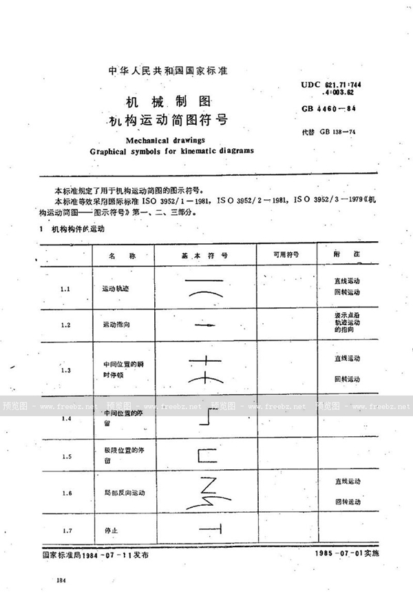 GB/T 4460-1984 机械制图  机构运动简图符号