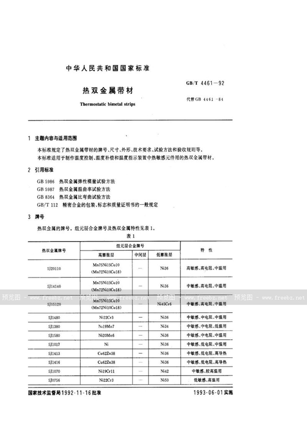 GB/T 4461-1992 热双金属带材