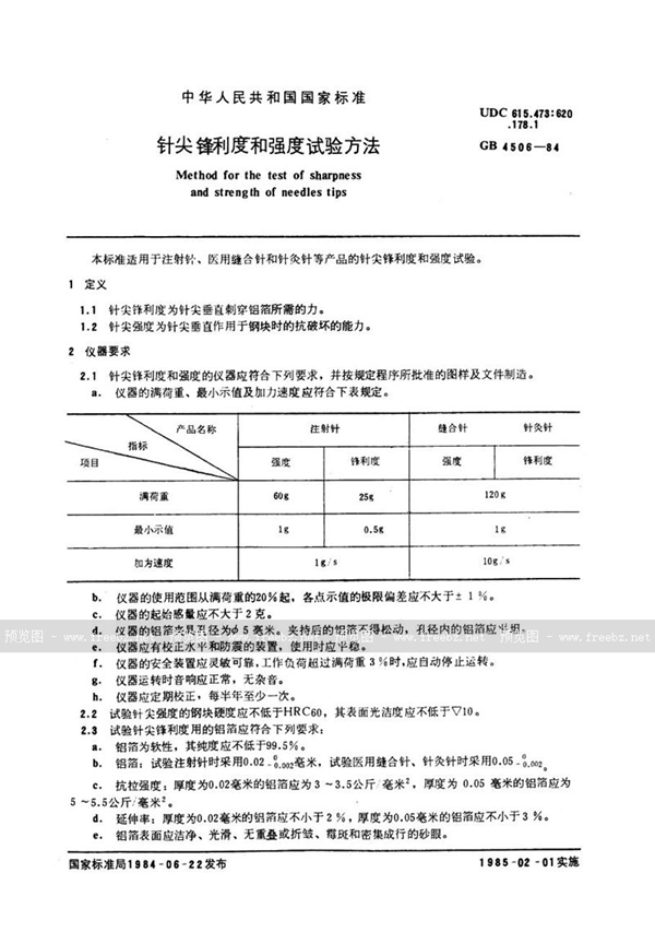 GB/T 4506-1984 针尖锋利度和强度试验方法