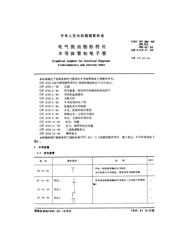 GB/T 4728.5-1985 电气图用图形符号 半导体管和电子管