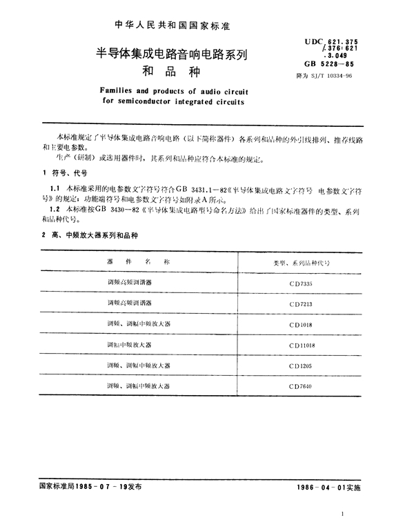 GB/T 5228-1985 半导体集成电路音响电路系列和品种