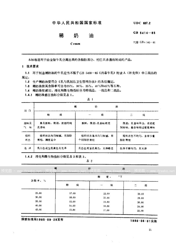 GB/T 5414-1985 稀奶油