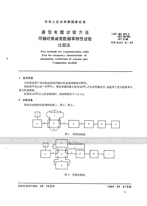 GB/T 5441.8-1985 通信电缆试验方法  同轴对衰减常数频率特性试验  比较法