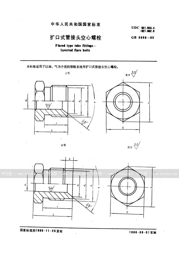 GB/T 5650-1985 扩口式管接头空心螺栓