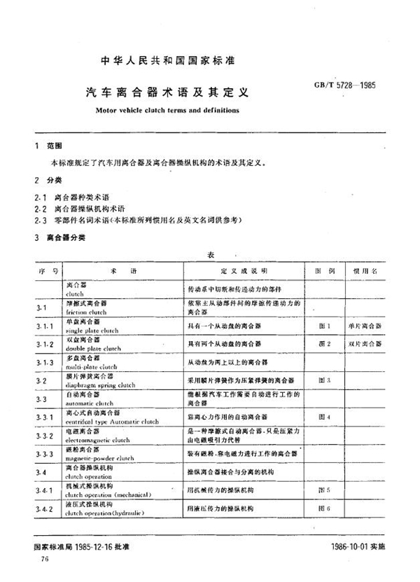 GB/T 5728-1985 汽车离合器术语及其定义