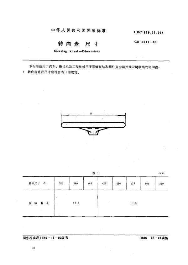 GB/T 5911-1986 转向盘 尺寸