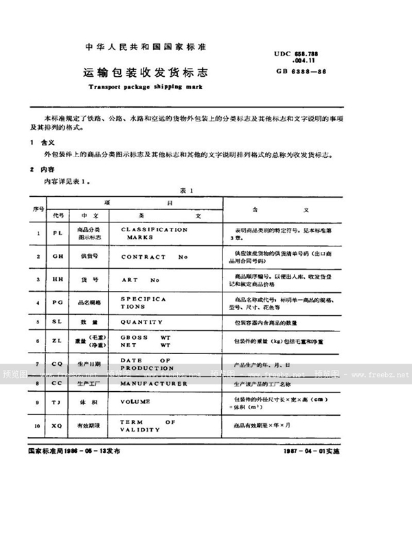 GB/T 6388-1986 运输包装收发货标志