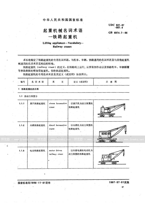 GB/T 6974.7-1986 起重机械名词术语  铁路起重机