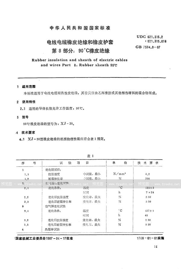 GB/T 7594.8-1987 电线电缆橡皮绝缘和橡皮护套  第8部分:90℃橡皮绝缘