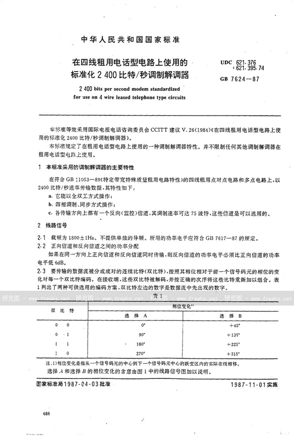 GB/T 7624-1987 在四线租用电话型电路上使用的标准化2400比特/秒调制解调器